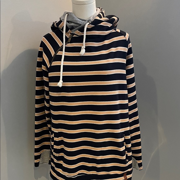 AMPERSAND AVE Tops - AMPERSAND AVE Black and Cream Striped Drawstring Hoodie   ***FINAL OFFER***